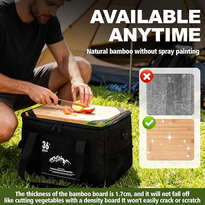 Tactical Camping Storage Bag - 36L Utility Tote Bag Organizer with Bamboo Cutting Board and Shoulder Strap Ideal for Camping Hiking and Vehicle Organization