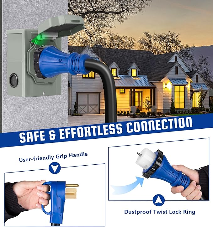 50 Amp Generator Cord and Inlet Box Combo Kit 50FT NEMA 14-50P to SS2-50R Cord Pre-Drilled Inlet Box Waterproof UL &amp ETL Listed