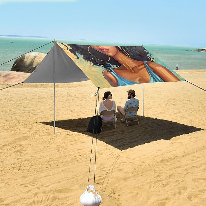 ALAZA American Woman with Curly Hair Art Beach Tent Sun Shelter Portable Canopy Sunshade for Outdoor Camping Picnics Backyard Fun 10x9 ft