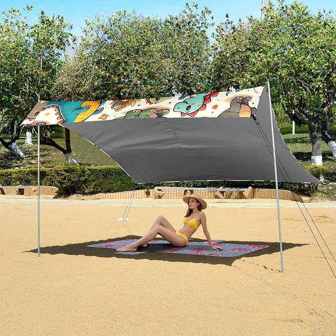 ALAZA Cute Dinosaur Cartoon Dino Beach Tent Sun Shelter UPF50+ Protection Beach Shade Canopy w/ 4 Sandbags for Outdoor Camping Fishing Backyard Fun Picnic 10x9 ft