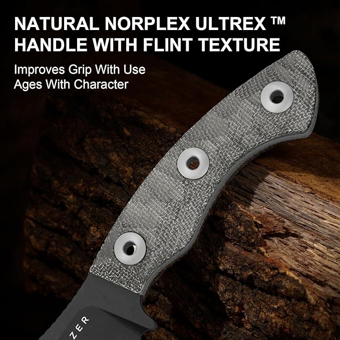 Kizer Rook Fixed Blade Knife 3.11 Nessmuk-Style 3-Layer Steel Hunting Knives with Gray Norplex UltreX™ Micarta Handle Bushcraft Knife with Sheath &amp TekLok for Camping Survival 1090A2