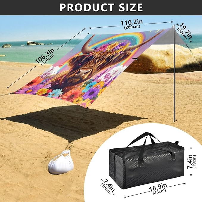 ALAZA Cow Bull Rainbow Daisy Beach Tent Sun Shelter UPF50+ Protection Beach Shade Canopy w/ 4 Sandbags for Outdoor Camping Fishing Backyard Fun Picnic 10x9 ft