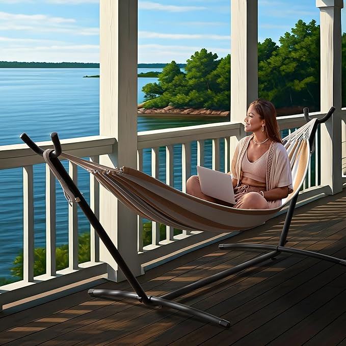 Sorbus 2-Person Hammock with Stand – 60 Cotton Blend Bed Heavy Duty 450lbs Capacity Portable with Carrying Case – for Garden Patio Outdoor Camping Gifts – Washable