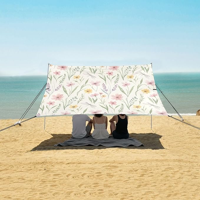 Flowers Beach Canopy Sun Shelter with Sandbags &amp Sand Shovel &amp Windproof Ropes - Portable 110x126 Beach Shade Beach Tent for Camping Picnics