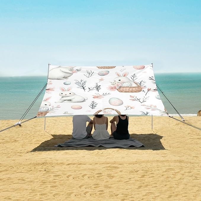 Beach Canopy with Windproof Ropes &amp Sandbags Beach Tent Sun Shade Sun Shelter for Camping Trips Fishing Backyard Fun or Picnics Easter Bunny