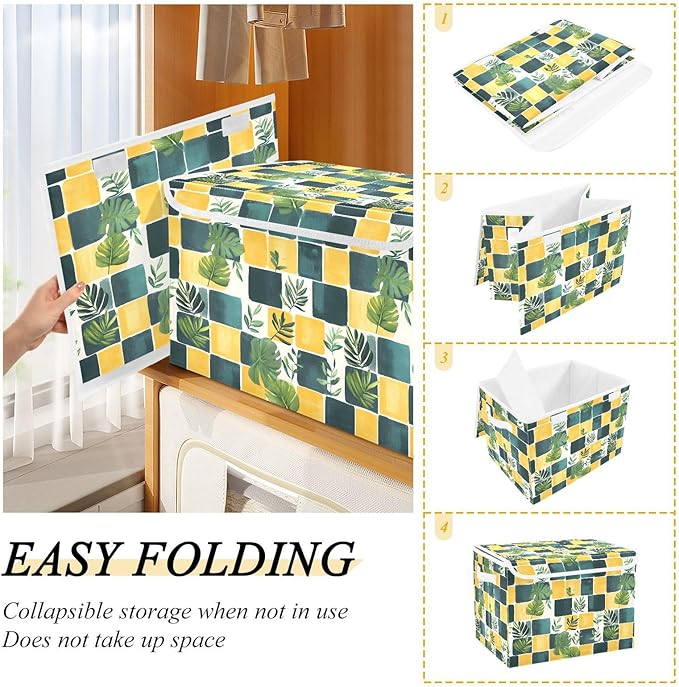 AIXIWAWA Lidded Storage Cube (Checkered Palm) Fabric Foldable Closet Bins with Flip Lid and Handles Organizer Basket Container 16.5 x 12.6 x 11.8 IN