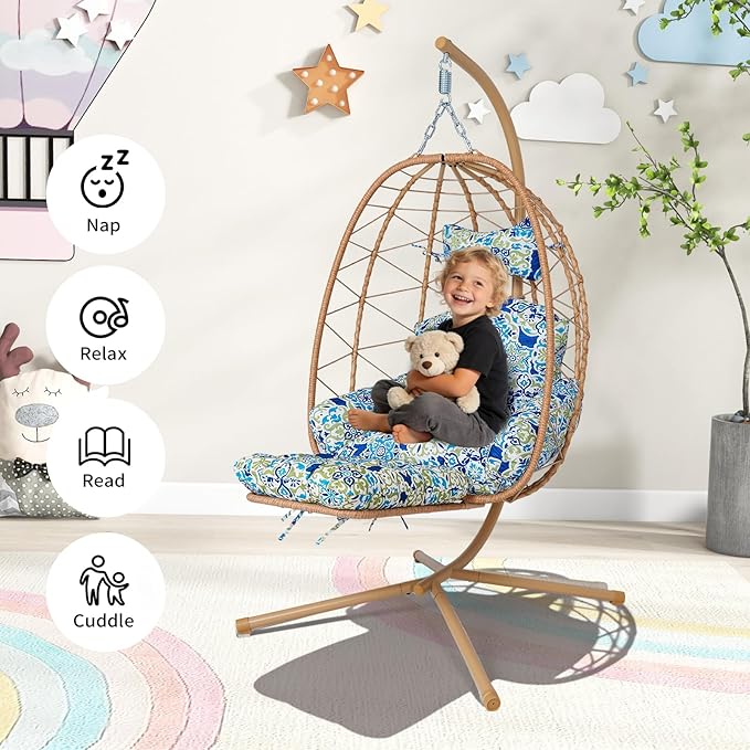 Hanging Egg Chair with Stand Outdoor Indoor Patio Rattan Swing Hammock Chairs with Washable Cushion PE Wicker Swing Chair for Backyard Bedroom Garden (Yellow + Floral Cushion with Footrest)
