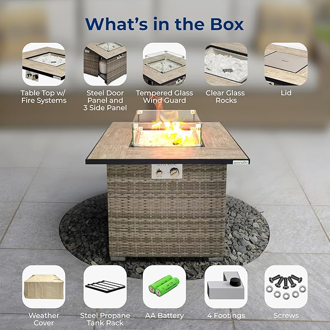 SereneLife Outdoor Propane Fire Pit Table 50000 BTU CSA ETL Certified Square Wicker Gas Fire Table with Tile Top Adjustable Flame Decorative Glass Rocks Weather-Resistant for Patio or Backyard