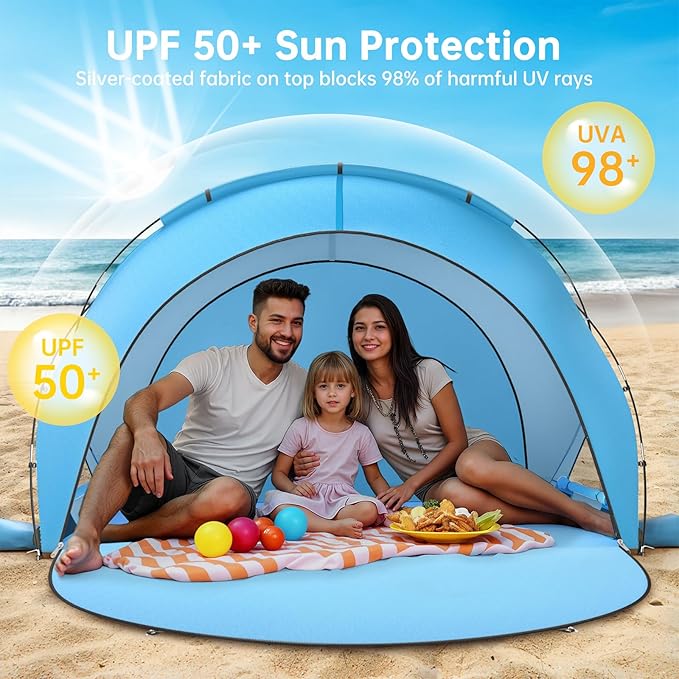 Raynesys Beach Tent Sun Shelter Beach Shade Tent with UPF50+ UV Protection Portable Sun Shelter for 1-3 Person Shade Tents with 2 Zippered Doors for Sand Camping Fishing Blue