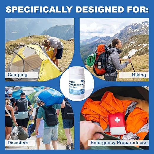 Water Purification Tablets (100 Count) - Water Tablets Purification for Drinking for Camping Boating Hiking Backpacking Emergencies - Portable Water Treatment for Safe Drinking Anywhere