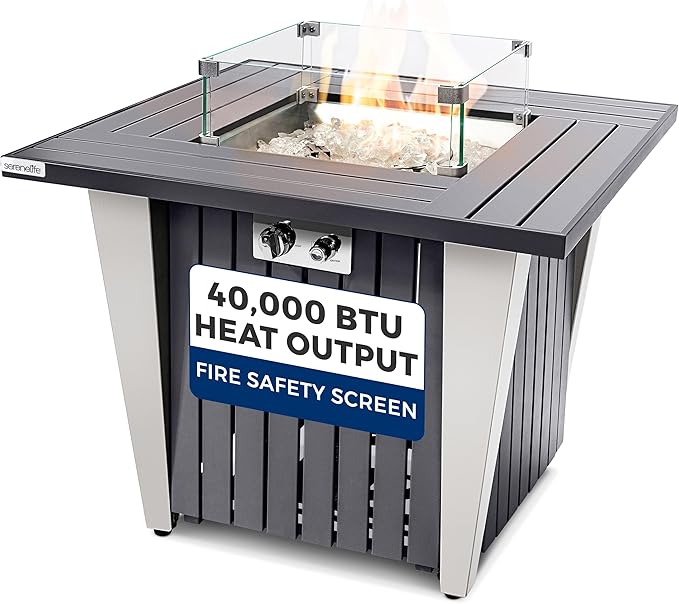 SereneLife Outdoor Propane Fire Pit Table 50000 BTU Square Fire Table with Stainless Steel Lid Durable Legs Adjustable Flame Weather Cover Perfect for Patio &amp Garden 31.5” x 31.5” x 24.8”