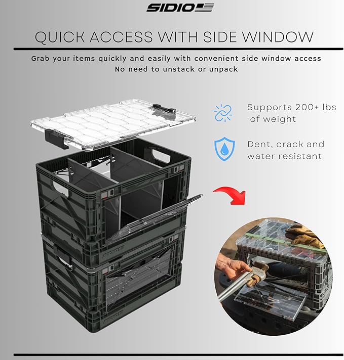 SIDIO Full-Size Collapsible Crate - Heavy Duty Stackable Storage Bin with Lid &amp 2 Short-Ways Dividers Durable Plastic Organizer for Home Office Garage &amp Outdoor Use (Sidio Blue)