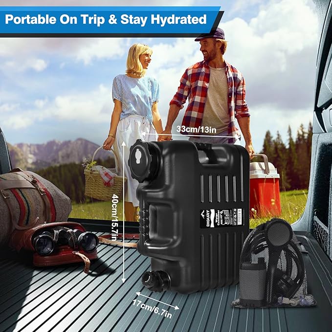 Digury Portable Camping Shower with 5 Gallon Water Jug 6000mAh Rechargeable Outdoor Camping Shower Kit IPX7 Waterproof Pump BPA Free Water Containers Camp Essentials