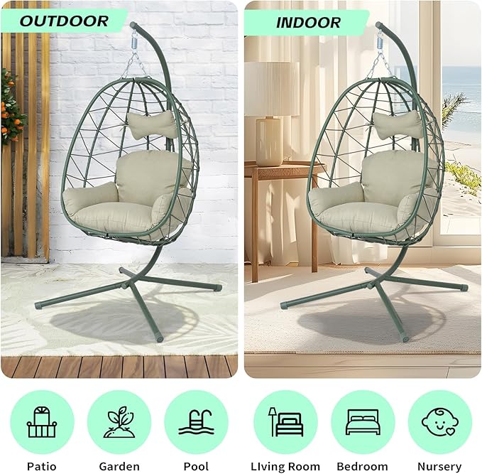Hanging Egg Chair with Stand Outdoor Indoor Patio Rattan Swing Hammock Chairs with Washable Cushion PE Wicker Swing Chair for Backyard Bedroom Garden (Dark Green + Cyan Cushion No Footrest)