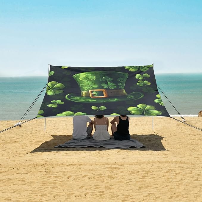 ALAZA Happy St. Patrick's Day Leprechaun Hat Clover Leaf Beach Tent Sun Shelter Portable Canopy Sunshade for Outdoor Camping Picnics Backyard Fun 10x9 ft