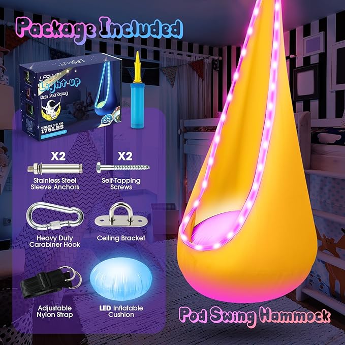 Light Up Kids Pod Swing Seat Kids Hanging Hammock Swing with LED Lights Sensory Pod Swing Chair with Inflatable Pillow &amp All Accessories Pod Swing for Kids Indoor &amp Outdoor (Yellow)