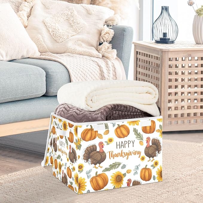 Storage Bins with Lids Storage Containers Box Organizer Bin Basket with Handles for Closet Shelves Clothes Stackable Foldable Decorative Thanksgiving Turkeys Sunflowers White