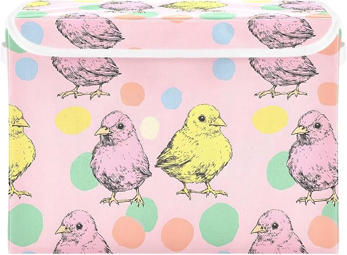 Cartoon Chicken Storage Cube Bins Basket with Lid Collapsible Flip-top Fabric with Handle for Home Bedroom Closet Office 16.5×12.6×11.8 in