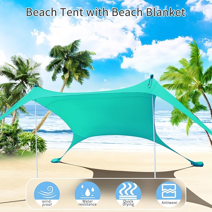 7×7 FT Beach Tent Sun Shelter UPF50+ UV Protection Outdoor Canopy Tent Sun Shade with 2 Poles for Camping Beach Fishing Backyard and Picnics Turquoise