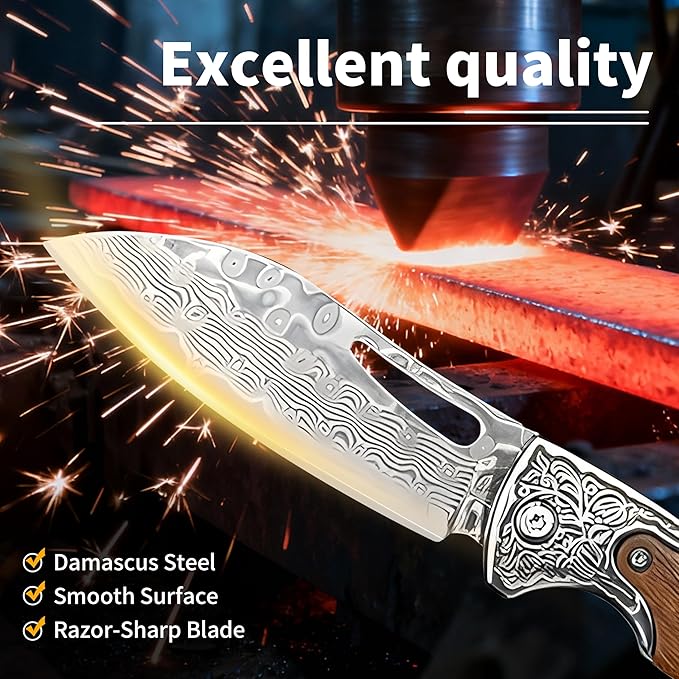 Damascus Steel Folding Knife 7.1 Multi-Purpose Pocket Knife Red sandalwood handle with a sharp blade suitable for cutting meat carving wood and outdoor activities(style B)