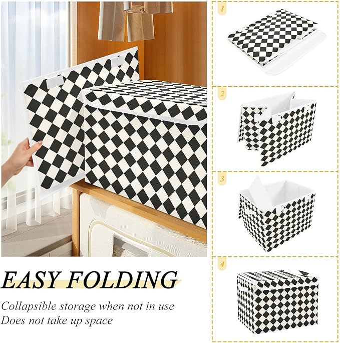CaTaKu Large Fabric Storage Bins With LidsBlack and White Checkered Storage Boxes With Handles for Organizing Clothes Collapsible Storage Cube Bins Baskets for Shelves