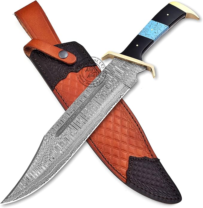 Damascus Steel Western Outlaw Bowie Hunting Knife Fixed Blade Survival &amp Hunting Knife Camping Bushcraft EDC - Gift for Men Premium Leather Sheath KKH-69