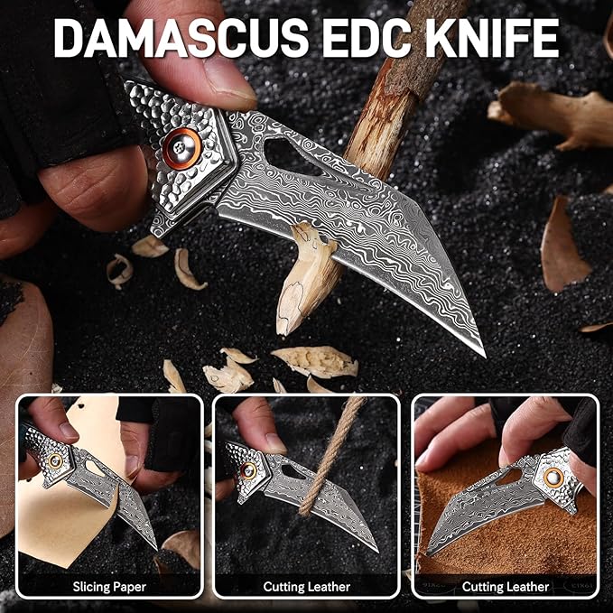 Damascus Pocket Knife for Women 2.95 Sharp Damascus Steel Blade Abalone Shell Handle EDC Folding Knives for Camping Hiking