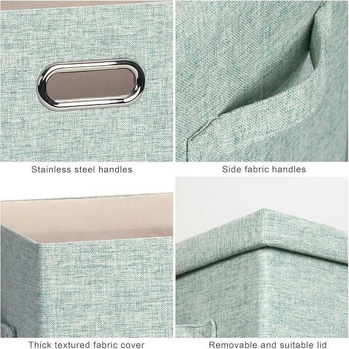 Graciadeco Large 17 36 Quart Collapsible Stackable Storage Bins with Lids 3 Packs Light Green Linen Fabric Closet Boxes with Lids Storage Cube Baskets Container Organizers for Office (17x12x11)