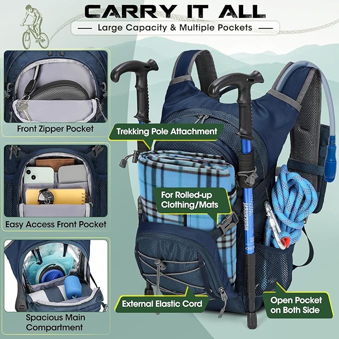 Hydration Backpack with Water Bladder 18L Lightweight Hiking Backpack for Women&ampMen Small Insulated Hydration Water Pack for Hiking Running Cycling Biking