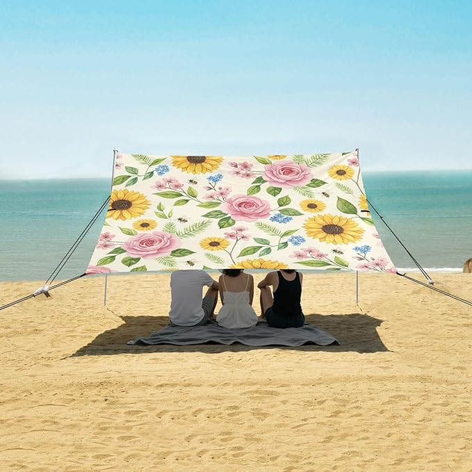 xigua Rose and Sunflower Beach Tent Sun Shelter with Carrying Bag - Silver Coated Oxford Fabric Beach Canopy for Beach Camping Fishing - Includes Windproof Ropes Sandbags &amp Stakes