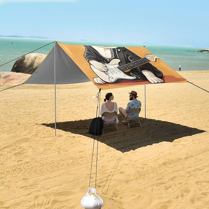 ALAZA Cartoon Rock and Roll French Bulldog Beach Tent Sun Shelter Portable Canopy Sunshade for Outdoor Camping Picnics Backyard Fun 10x9 ft