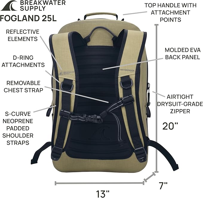 Breakwater Supply™ Fogland CORDURA Waterproof IP68 Submersible Backpack | Laptop Sleeve &amp Airtight Zippers for Outdoors Travel Hiking Fishing Floating Dry Bag Unisex TPU (Safari Tan 25L)
