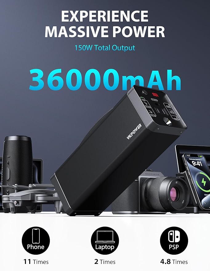 Portable Power Station 150W 133.2 Wh/36000mAh Fast Charging Rechargeable Generator with 5 Outputs AC Outlets Power Bank with LED Light for Backup Home Outdoor Emergency Travel Camping RV