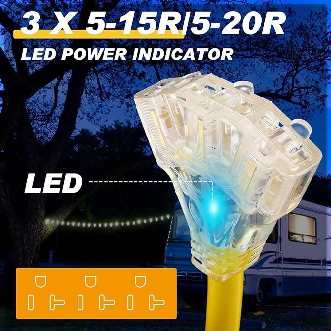 Kanayu 20 Amp to 110 Adapter Outdoor Generator Power Cord 1.5ft 3 Prong Rv Plug Compatible with Nema L5-20p to 3X 5-20r/5-15r 15/20a Outlet Distribution Adapter with Lighted Indicator Etl Listed
