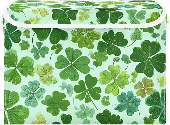 Storage Bins with Lids Storage Containers Box Organizer Bin Basket with Handles for Closet Shelves Clothes Stackable Foldable Decorative Green Nature St Patrick Clovers
