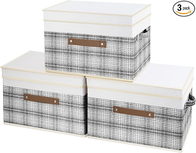 TYEERS Collapsible Storage Bins with Lids Patchwork Design Washable Fabric Storage Boxes 14.9x9.8x9.8 inches 3 Pack Gray