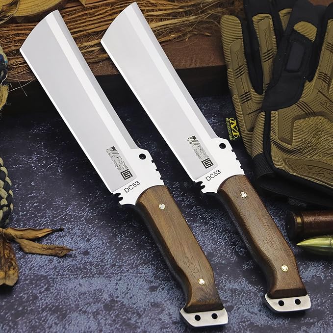 WPKOPYA Fixed Blade Outdoor Knife with Leather Sheath DC53 Steel Full Tang 6.6” Sharp Blade Wooden Handle 13.6” Tactical Survival Knife for Camping Hiking Bushcraft Cooking &amp Utility Use