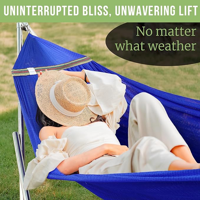 Tranquillo Double Hammock with Stand 650lb Capacity Double Hammock with Spreader Bar Solid Grade 201 Stainless Steel 30s Set Up Sturdy Flexible Hammock Stand Portable (Blue)