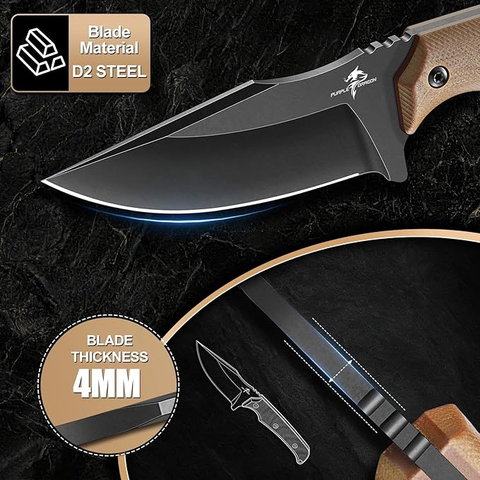 Purple Dragon Fixed Blade Knife - Full Tang Hunting Knife Forged from a Single Piece of D2 Steel - Camping Knives with G10 Handle and Kydex Sheath - Outdoor Gift for Men - Brown