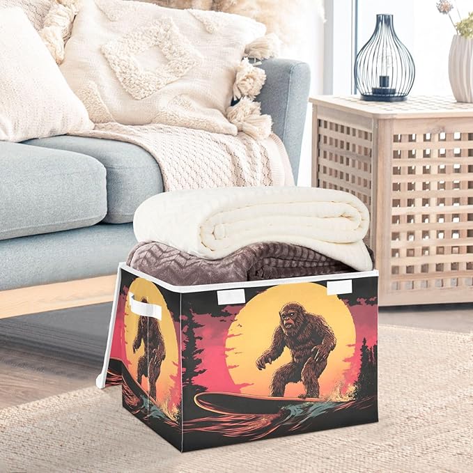 Storage Cube with Lid Surfing Sasquatch Print 16.5×12.6×11.8 IN 1 Pack Collapsible Large Capacity Foldable Storage Basket Bin Organizer