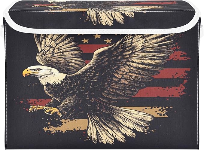 July 4th Bald Eagle Black Collapsible Storage Bins with Lids Decorative Fabric Cubes Closet Organizer Basket Boxes Containers for Clothes Box Chest Foldin
