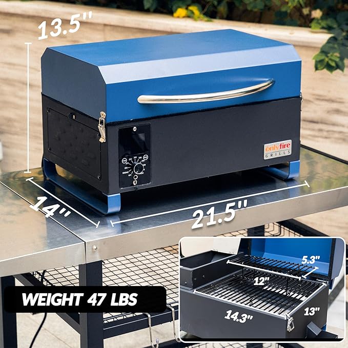 ONLYFIRE GRILLS BBQ Wood Pellet Grill Smoker with Digital Control Meat Probe &amp 2 Tiers Cooking Area Portable Tabletop Grilling Stove for BBQ Smoke Bake and Roast RV Camping Blue GS313