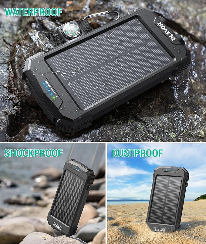 BLAVOR Solar Power Bank 10000mAh Portable Wireless Charger 20W Fast Charging External Battery Pack with USB C for Cell Phones Solar Panel Charging with Dual Flashlight for Camping