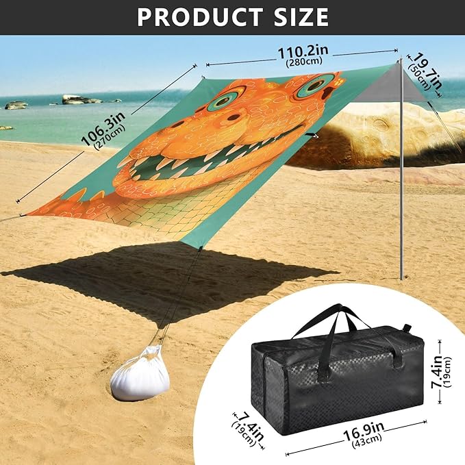ALAZA Alligator Head Beach Tent Sun Shelter UPF50+ Protection Beach Shade Canopy w/ 4 Sandbags for Outdoor Camping Fishing Backyard Fun Picnic 10x9 ft