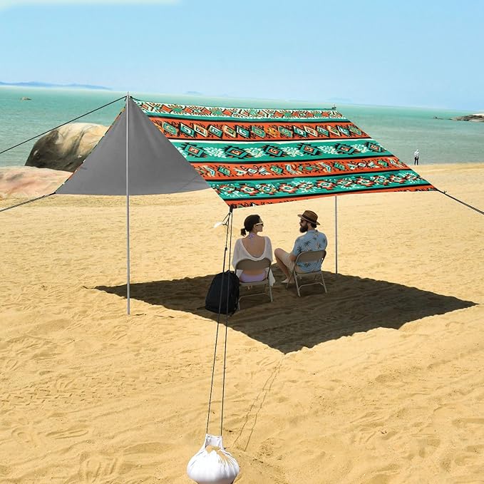 xigua Boho Tribal Aztec Beach Tent Sun Shelter with Carrying Bag - Silver Coated Oxford Fabric Beach Canopy for Beach Camping Fishing - Includes Windproof Ropes Sandbags &amp Stakes