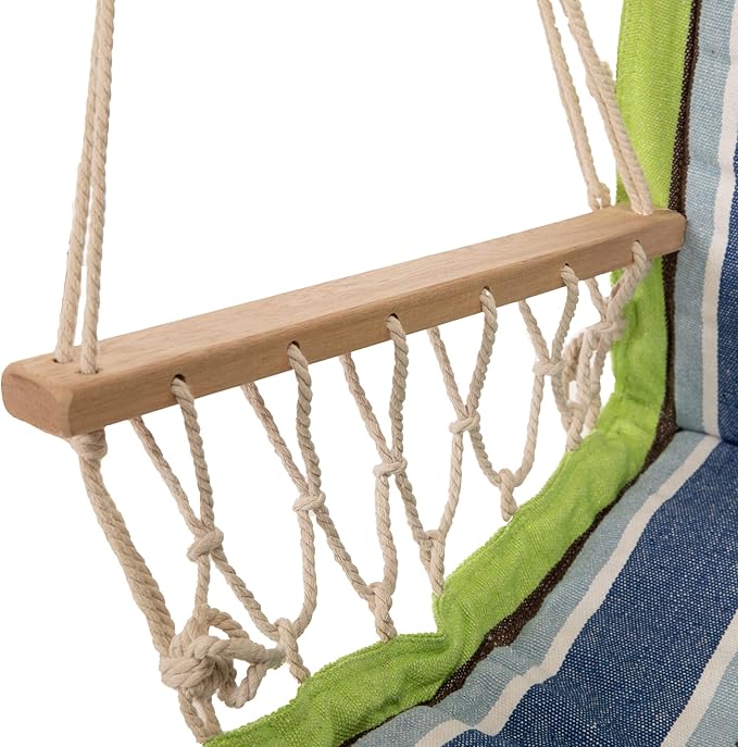 Castaway Living Hammock Chair Hanging Rope Cushioned Swing with Quick Dry Fabric for Indoor &amp Outdoor Use - Blue and Green Stripe