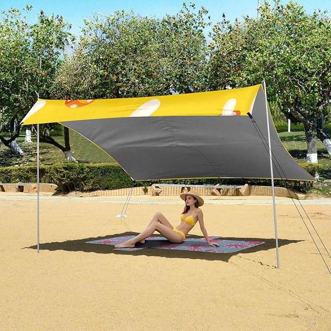 xigua Mushroom Beach Tent Sun Shelter with Carrying Bag - Silver Coated Oxford Fabric Beach Canopy for Beach Camping Fishing - Includes Windproof Ropes Sandbags &amp Stakes