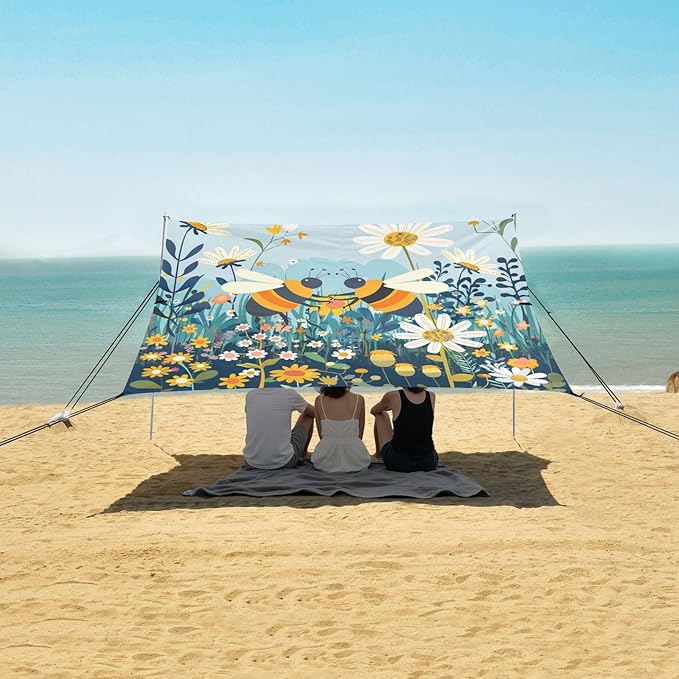 ALAZA Bees Daisy Flowers Beach Tent Sun Shelter UPF50+ Protection Beach Shade Canopy w/ 4 Sandbags for Outdoor Camping Fishing Backyard Fun Picnic 10x9 ft