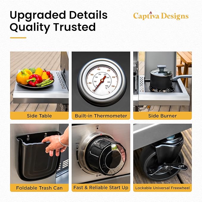Captiva Designs 6-Burner Propane Gas BBQ Grill with Side Burner &amp Porcelain-Enameled Cast Iron Grate and Plate for Outdoor Barbucue Events 52000 BTU Output740 SQ.IN. Cooking AreaHeavy Duty