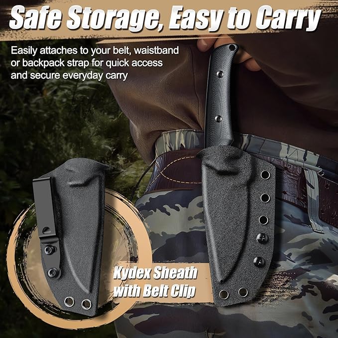 Purple Dragon Fixed Blade Knife - Full Tang Hunting Knife Forged from a Single Piece of D2 Steel - Camping Knives with G10 Handle and Kydex Sheath - Outdoor Gift for Men - Black